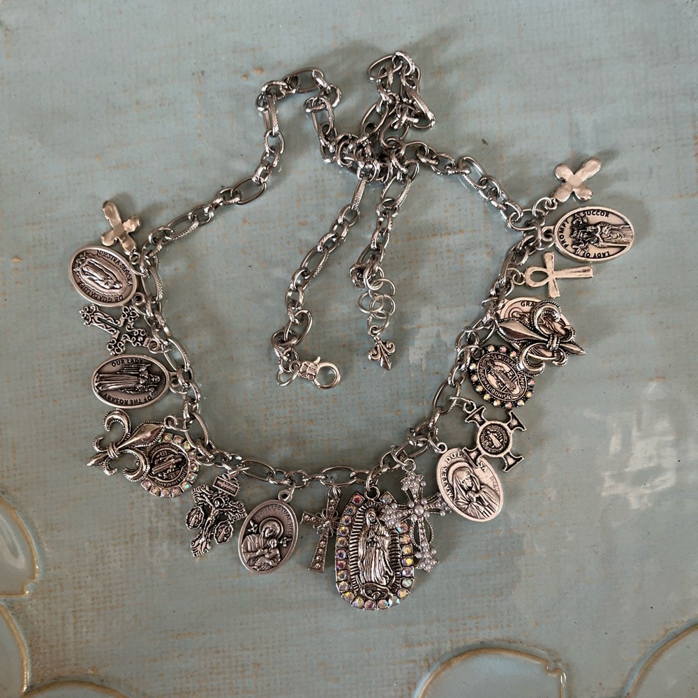 Guadalupe, Saints & Crosses Double Sided Antiqued Silver Tone Festoon Necklace - Picture 10 of 15
